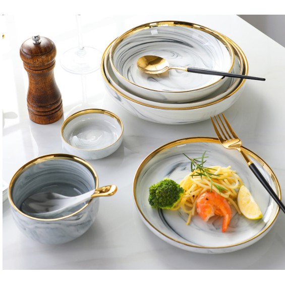 Set chén đĩa vân đá loang trắng phong cách bắc âu sang trọng