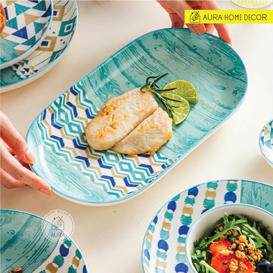 [SẴN HÀNG] Bộ bát cơm, tô mì, tô canh, đĩa họa tiết tối giản đại dương xanh - Gốm sứ phong cách Nhật Bản