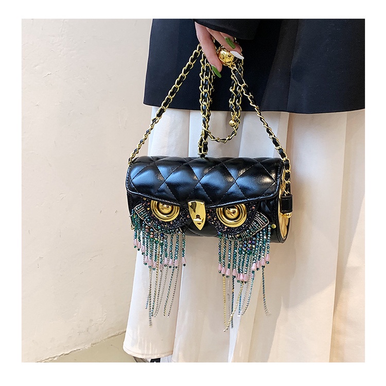 Túi đeo chéo JASMIN NOIR hình cú mèo họa tiết sọc caro phối tua rua thời trang cho nữ
