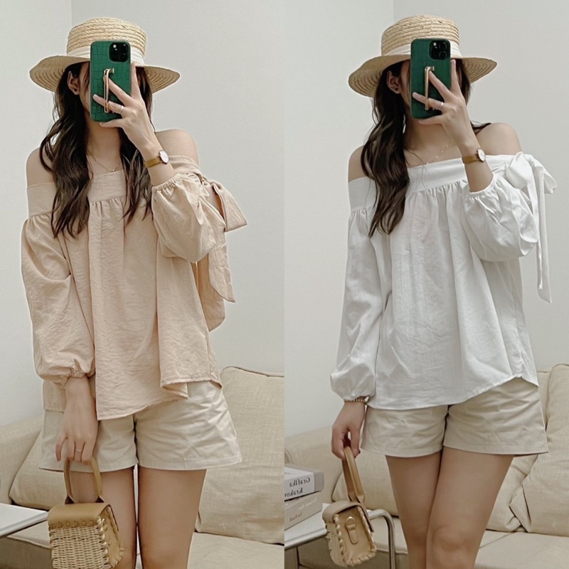 [ẢNH THẬT+VIDEO] Áo Trễ Vai Thắt Nơ Tay Dài Đen/Be/Trắng Khoe Xương Quai Xanh Quyến Gũ