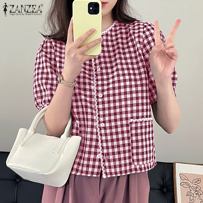 Zanzea Áo Sơ Mi Ngắn Tay Cổ V Họa Tiết Ca Rô Phong Cách Hàn Quốc Dành Cho Nữ