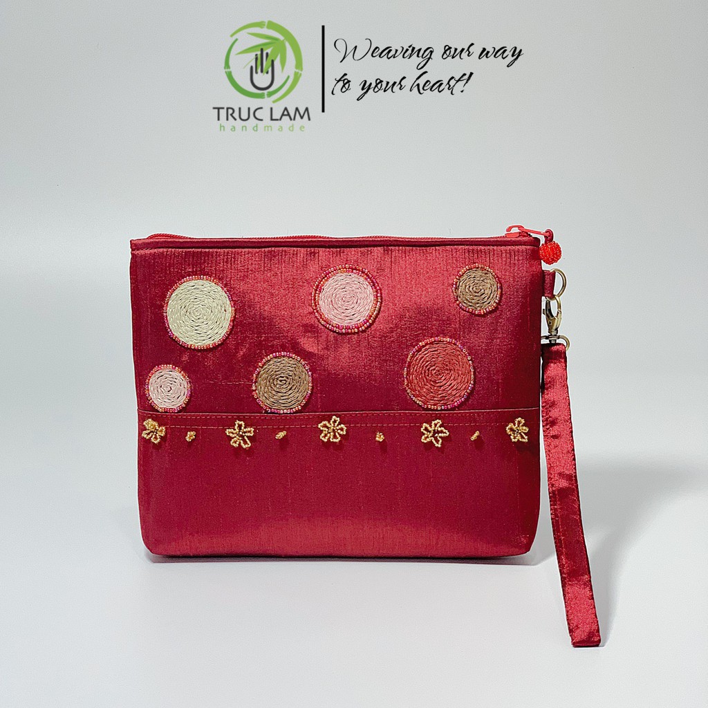 Ví Cầm Tay Đựng Ipad Clutch Vải Tafta Thêu Vòng Tròn Hạt Cườm Thủ Công Cỡ Bé - Trúc Lâm Handmade