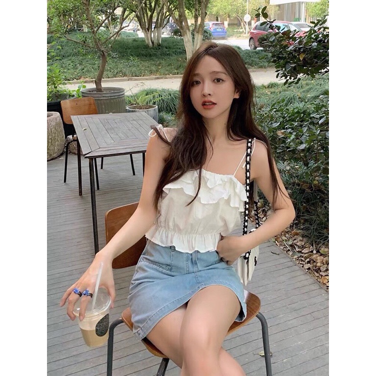 Áo 2 Dây Croptop Nữ Thắt Nơ Bèo Nhún Ngực Eo Xanh Trắng Đen - Áo Croptop Thô Đũi Độc Lạ Tôn Dáng 3 Máu