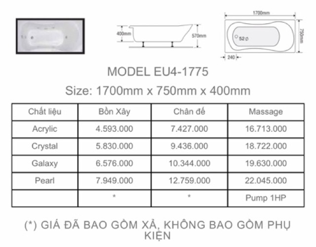 BỒN TẮM DÀI 2 YẾM EUROCA  - MODEL EU4 - 1775 - BẢO HÀNH 3 NĂM