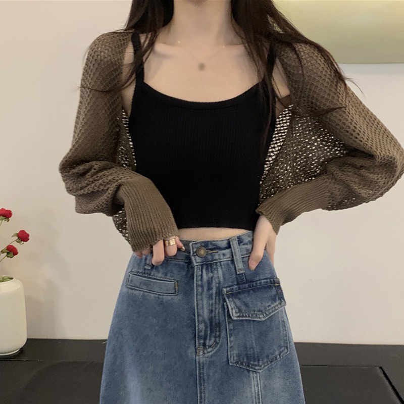 Áo Khoác Cardigan Dệt Kim Tay Dài Chống Nắng Màu Sắc Đơn Giản Cho Nữ