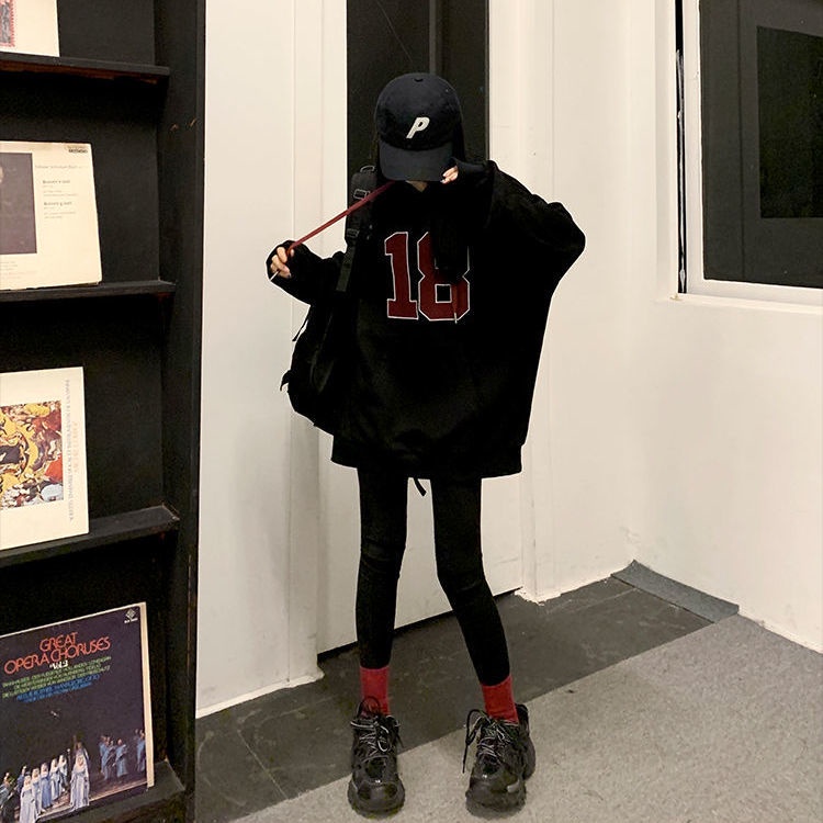 COZOK Áo Hoodie Tay Dài Form Rộng In Họa Tiết Phong Cách retro