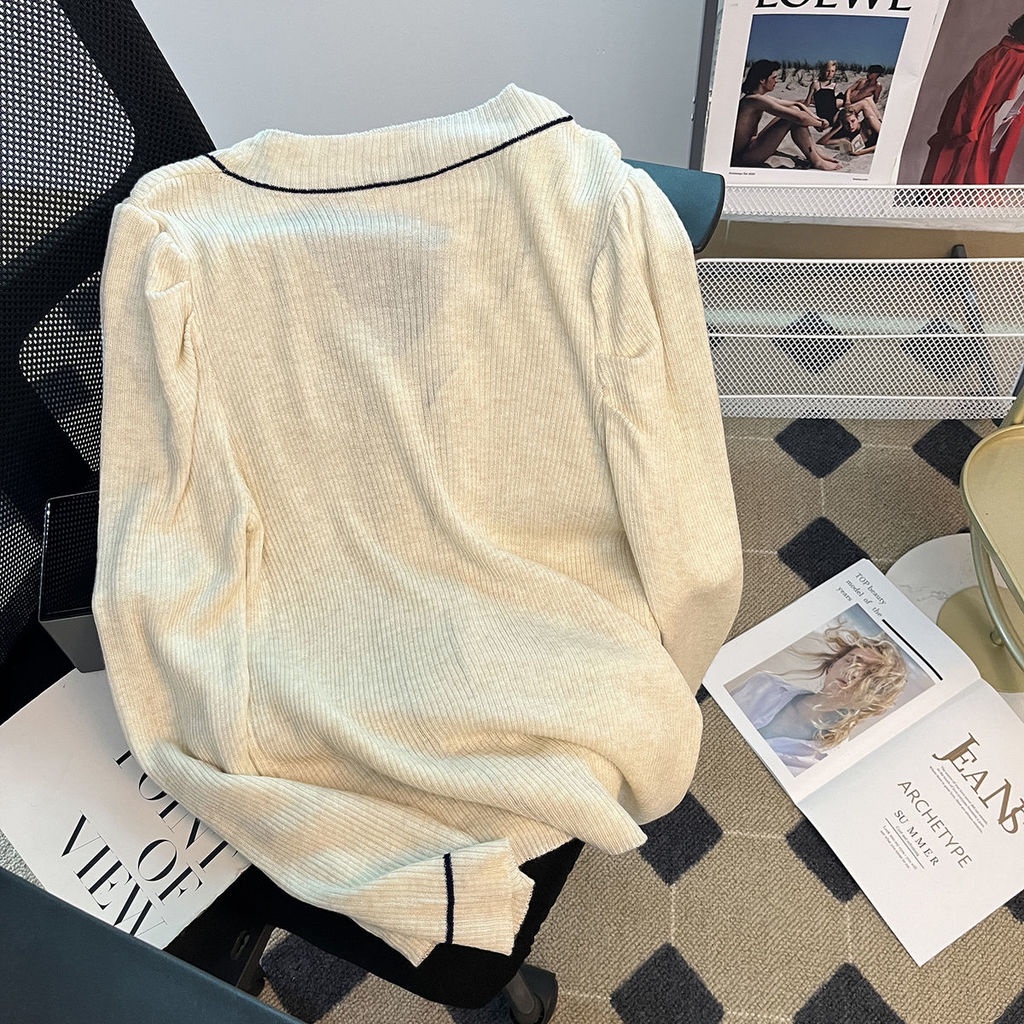 Áo Khoác cardigan Cổ Chữ V Tay Phồng Cài Nút Màu Sắc Tương Phản Thời Trang Mùa Thu Cho Nữ