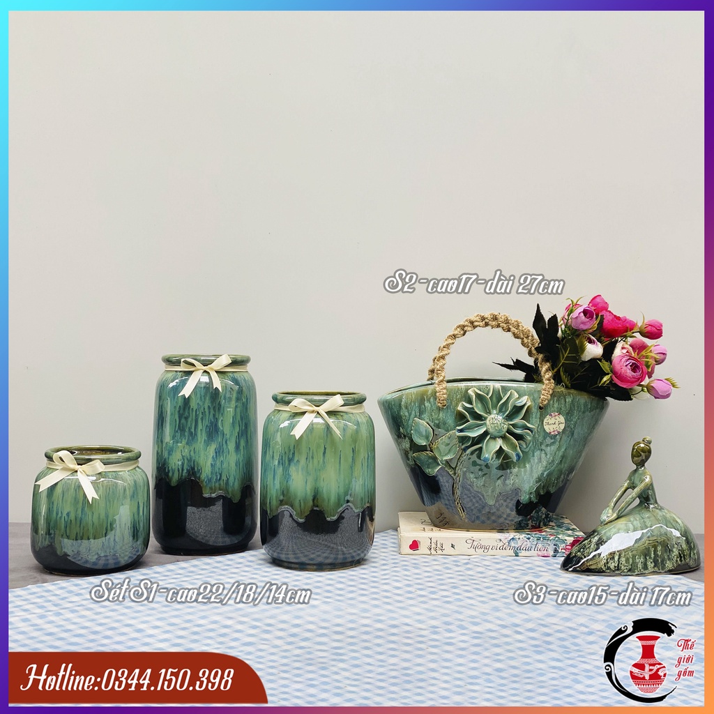 Bộ sản phẩm lọ cắm hoa, giỏ hoa, cô gái decor trang trí men hỏa biến, gốm Bát Tràng