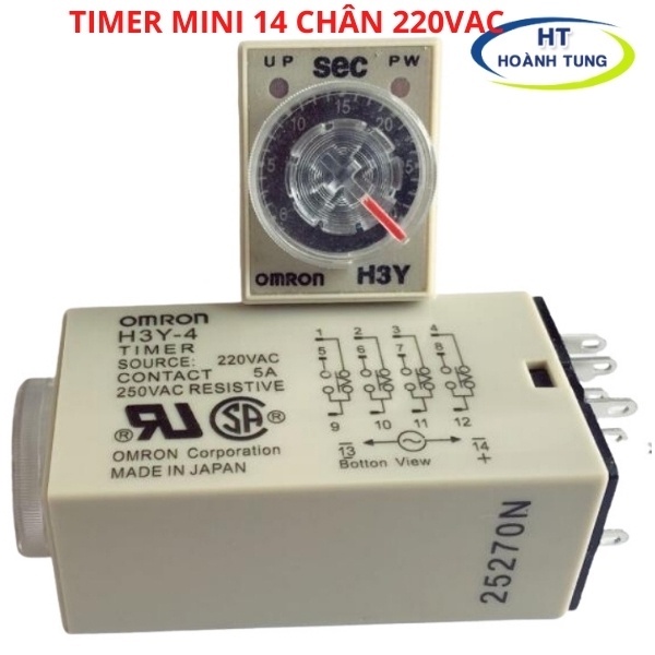 Timer hẹn giờ H3Y-4 relay mini thời gian, công tắc tự động 14 chân điện áp 220VAC tặng kèm chân đế PYF14A