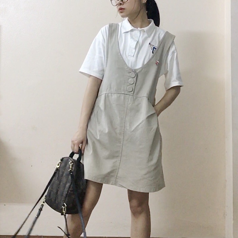 Váy gile ngắn có cúc màu nâu sáng Secondhand phong cách Vintage Girl