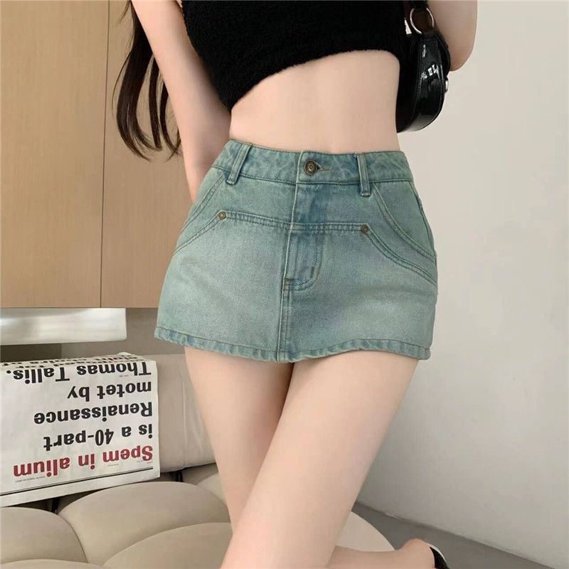 Jiashucheng Hàng Có Sẵn Quần Culottes Denim Xanh Nhạt Dáng Chữ a Lưng Cao Ôm Hông Chống Lóa Phong Cách Mới Mùa Hè Cho Nữ