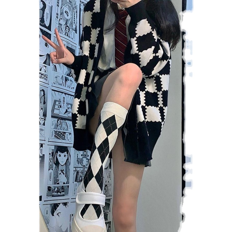 Áo len nữ dài tay cổ tròn sọc ca rô thời trang Hàn