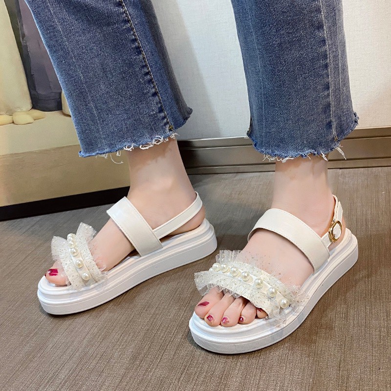 (S109) Sandal nữ đế bánh mì 3 phân quai ren ngọc (mã 2202-ren ngọc)