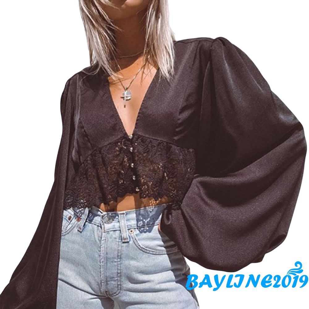 Áo nữ tay dài cổ chữ V phối ren thời trang quyến rũ | BigBuy360 - bigbuy360.vn