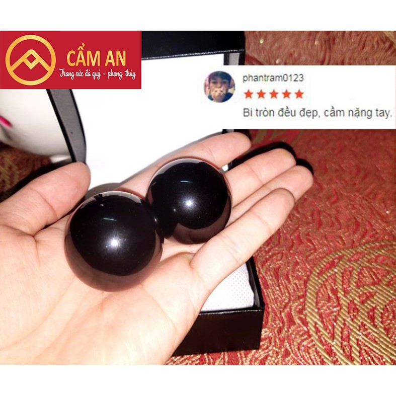 Cặp 02 Viên Bi Lăn Tay Đá Obsidan Tự Nhiên Tặng Kèm Hộp Đựng Cao Cấp Cực Xịn - Sản Phẩm Vật Lý Trị Liệu Cho Bàn Tay