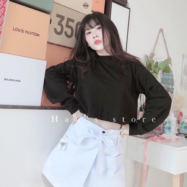 [Mã FAMAYWA giảm 10K đơn 50K] Áo thun croptop cổ tròn tay dài basic đen trắng ( sp y hình 100% ) | BigBuy360 - bigbuy360.vn