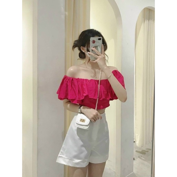 Set áo croptop hồng cánh sen bẹt/hở/trễ vai kèm quần short ngắn trắng, bộ thời trang hot girl đi chơi dạo phố dễ thương
