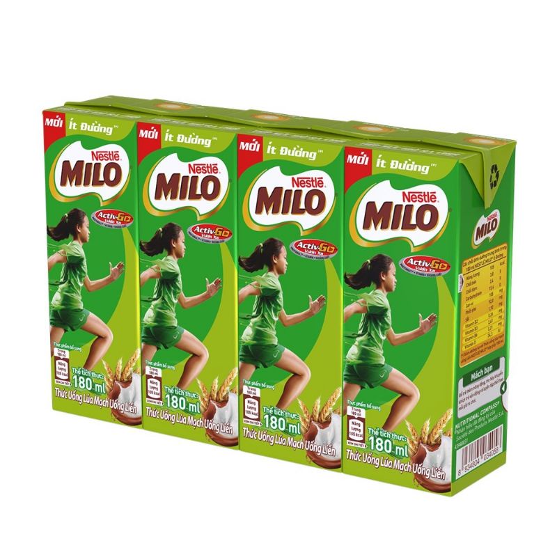 lốc 4 hộp sữa Milo ít đường 180ml