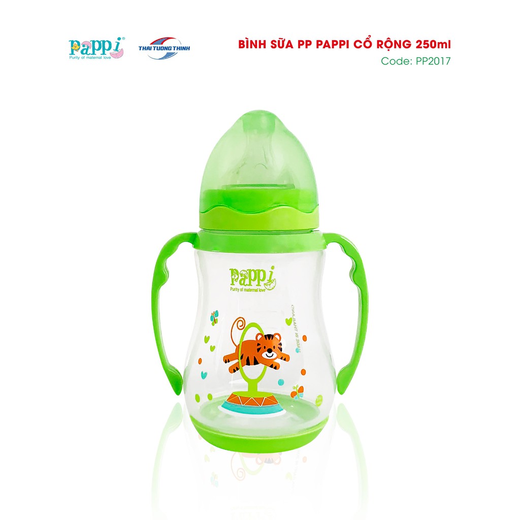 COMBO 3 Bình Sữa PP cổ rộng tay cầm Pappi 250ml Thailand BPA FREE