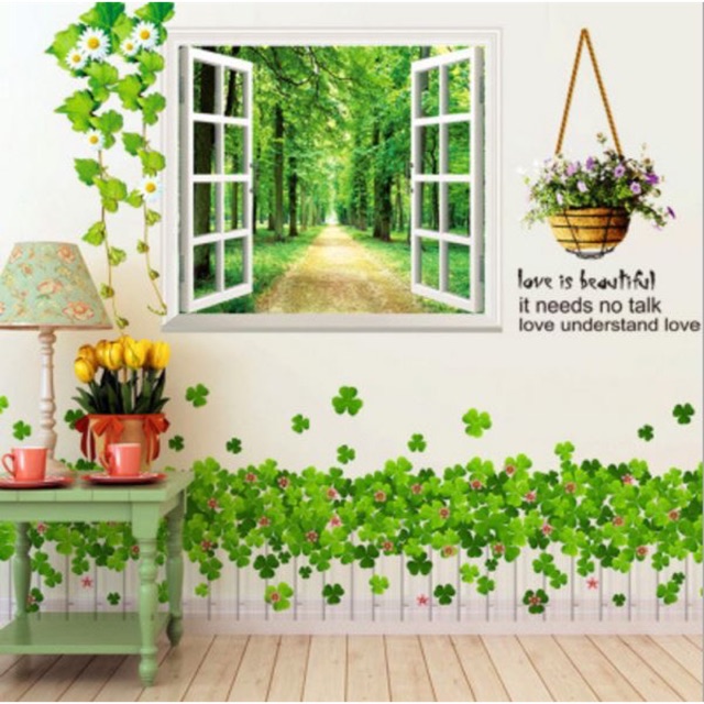 Decal trang trí tườn - Bộ Cửa sổ 1 con đường và Hàng rào trắng cỏ may mắn( 2 tấm )