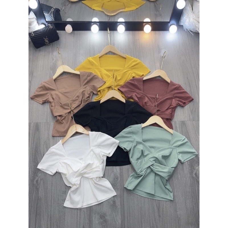 Áo thun body croptop xoắn ngực tay ngắn kèm video hình thật
