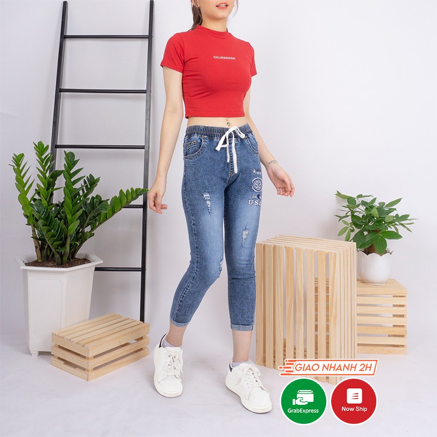 Quần jean nữ Ulzzang GENZ baggy lưng thun nữ thêu chữ thời trang co giãn ZWJ005