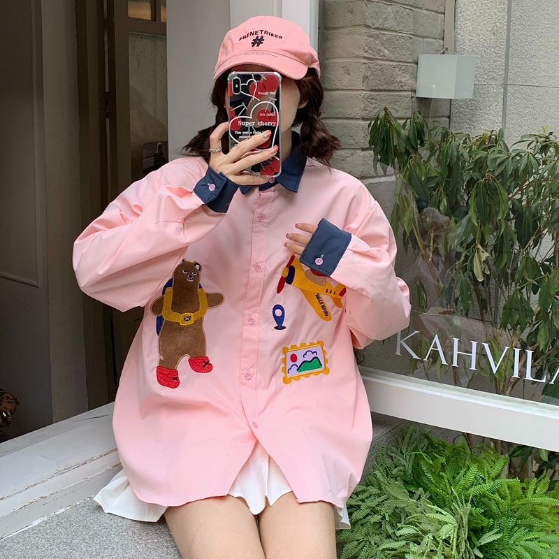 Áo sơ mi ZHELIHANGFEI tay dài dáng rộng thêu họa tiết phong cách Nhật sành điệu