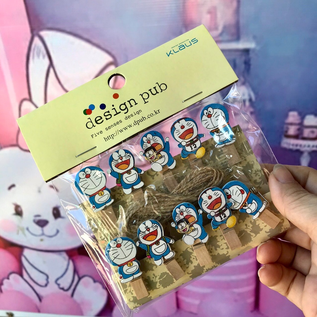 Sỉ set 10 kẹp gỗ nhiều hình dễ thương theo chủ đề (10 kẹp + dây)
