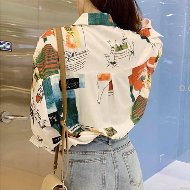 Áo sơ mi nữ lụa satin phi bóng hoạ tiết sơn màu oversize tay dài - Order taobao quảng châu