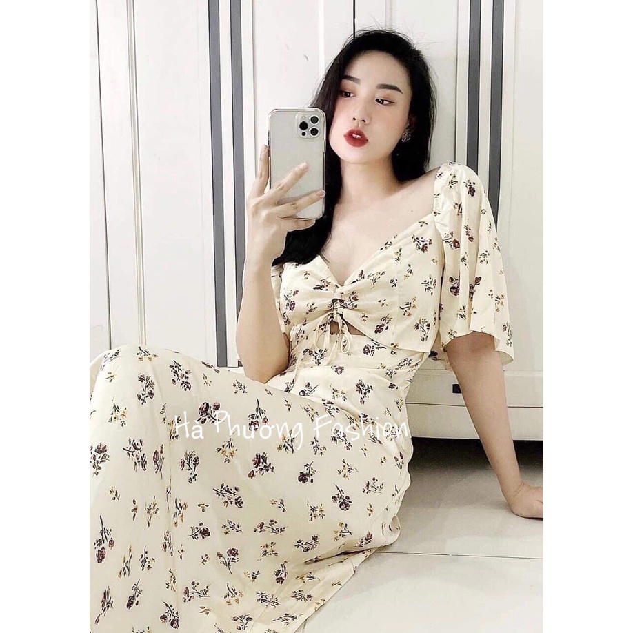 (V03 có size) Váy lụa hoa nhí cúp ngực dây rút, đầm lụa có đệm ngực