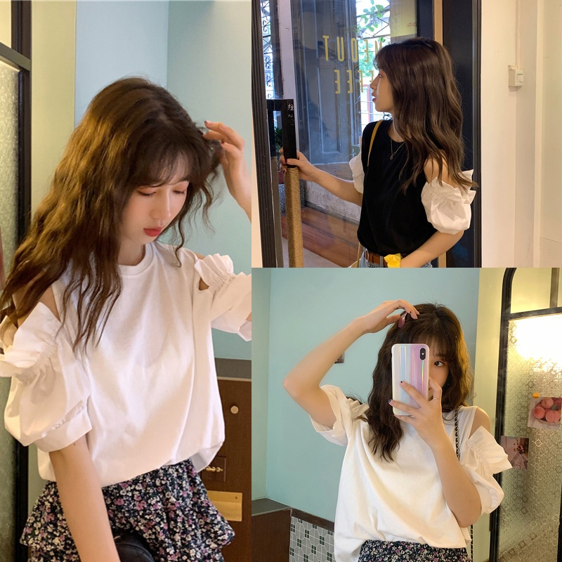 Áo Thun Tay Ngắn Phồng Cổ Tròn Hở Vai Màu Trơn Thanh Lịch Dành Cho Nữ