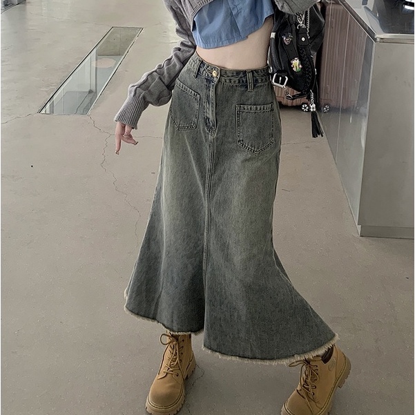 Chân váy jean đuôi cá QKOOLE lưng cao thời trang Hàn Quốc cho nữ
