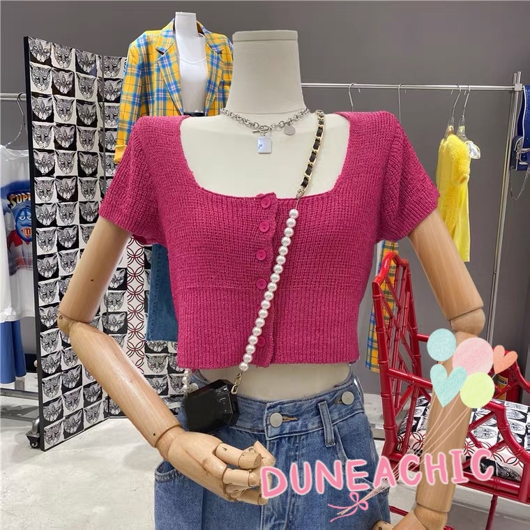 DUNEA Áo Dệt Kim Nữ Cổ Vuông Cài Nút Màu Trơn