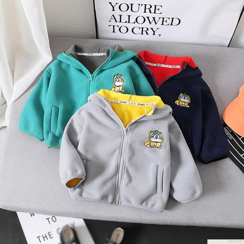 Áo khoác cotton lông cừu tay dài dáng rộng phối khóa kéo in hoạt hình kiểu Hàn Quốc cho bé trai