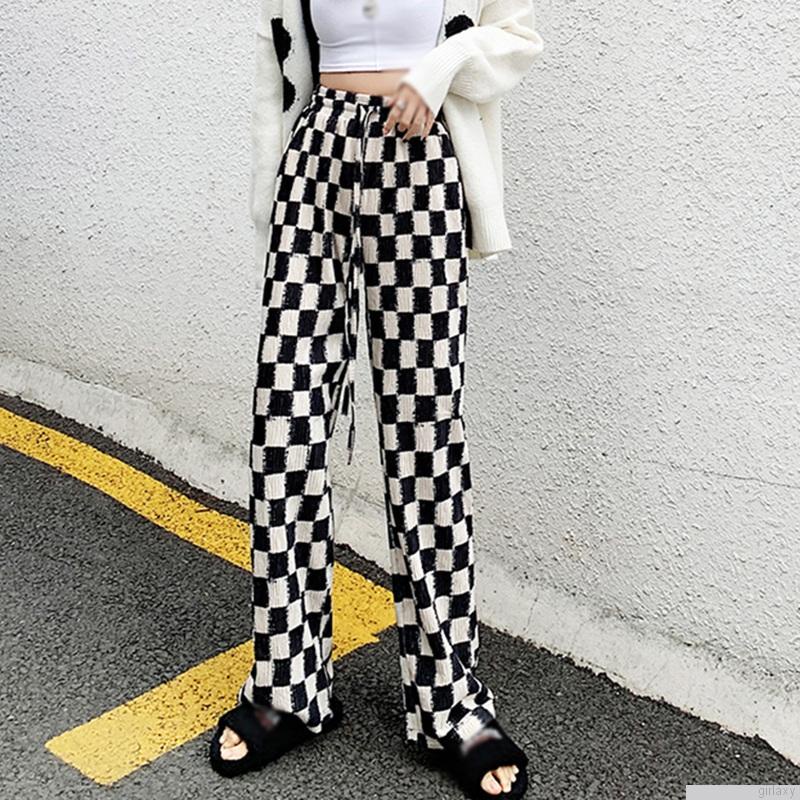 Quần dài ống rộng họa tiết kẻ ca rô trẻ trung cho nữ