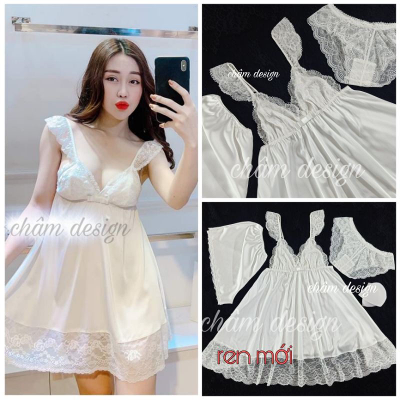 Váy ngủ lụa satin trắng tay ren gắn nơ 2 tầng, hoạ tiết ren hoa xinh xinh