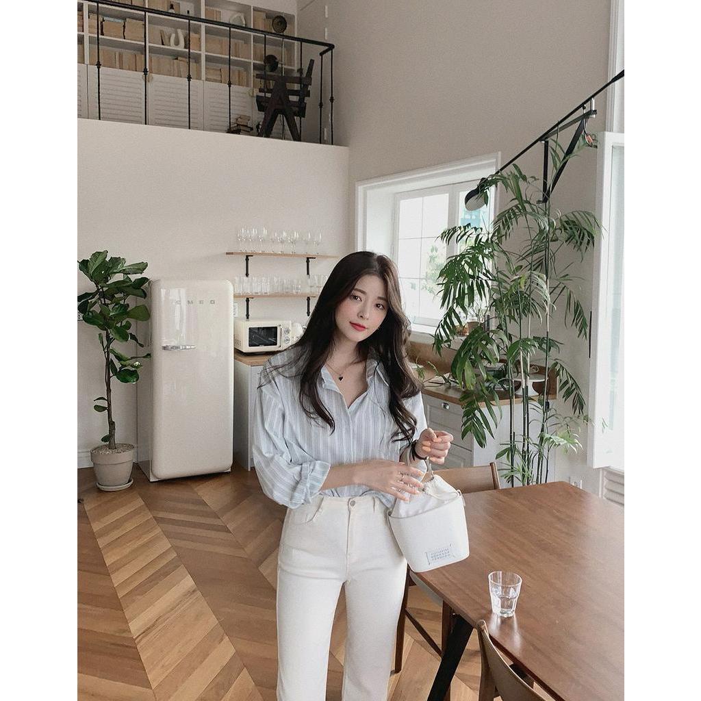 Áo sơ mi Peppermint kẻ sọc dáng rộng dài tay phong cách thời trang Hàn Quốc đơn giản 54663
