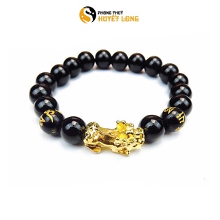 Vòng tay phong thủy đá đen mix tỳ hưu vàng, vòng đá đeo tay