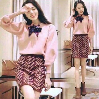 Set len áo hồng luồn nơ tay bồng sang chảnh