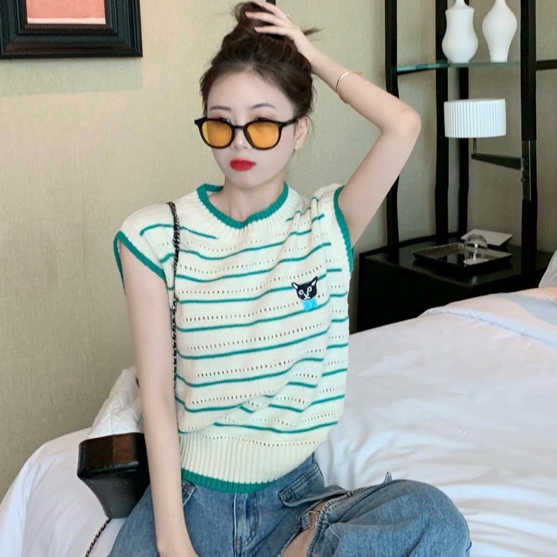 Áo len ZHELIHANGFEI không tay họa tiết sọc thời trang dành cho nữ