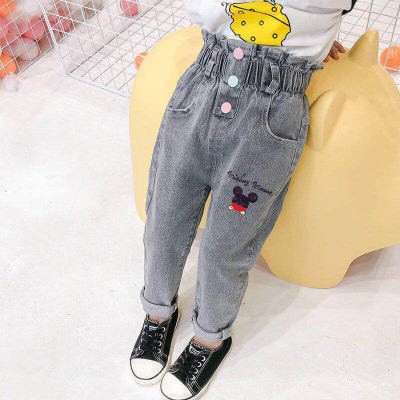 Quần jeans dài in họa tiết chuột Mickey hoạt hình xinh xắn cho bé gái từ 1-7 tuổi