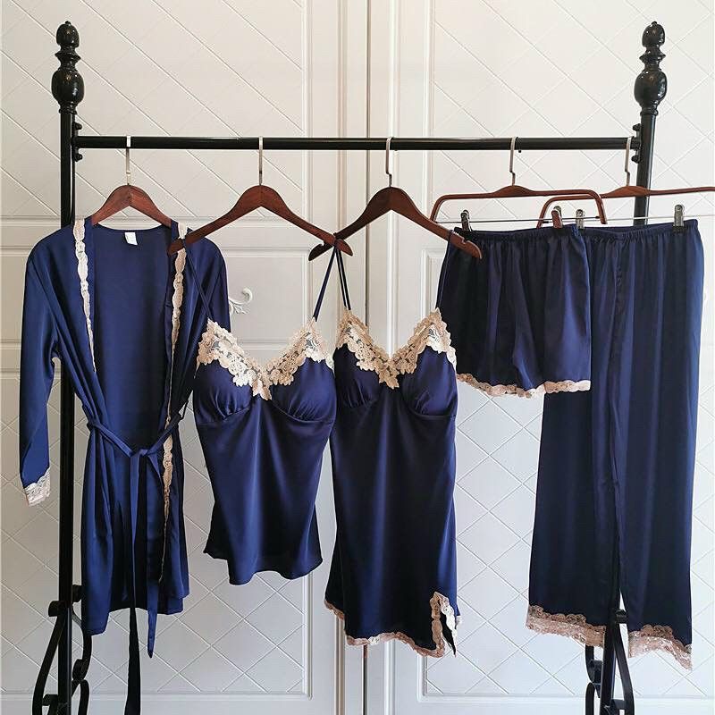 Set đồ ngủ lụa 5 món, bộ ngủ và váy ngủ kèm áo choàng siêu sang cho Nữ(Chất vải lụa mát cao cấp chuẩn hàng Shop bán) | BigBuy360 - bigbuy360.vn