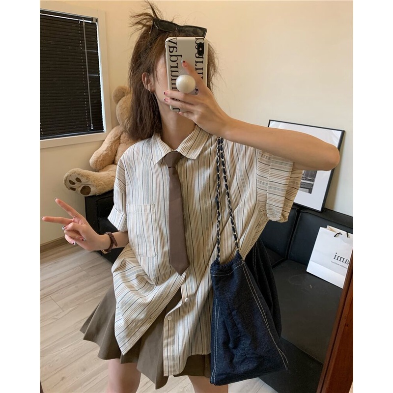 Bộ Áo Sơ Mi POLO Ngắn Tay Kẻ Sọc + Chân Váy Xếp Ly Đáng Yêu Cho Nữ