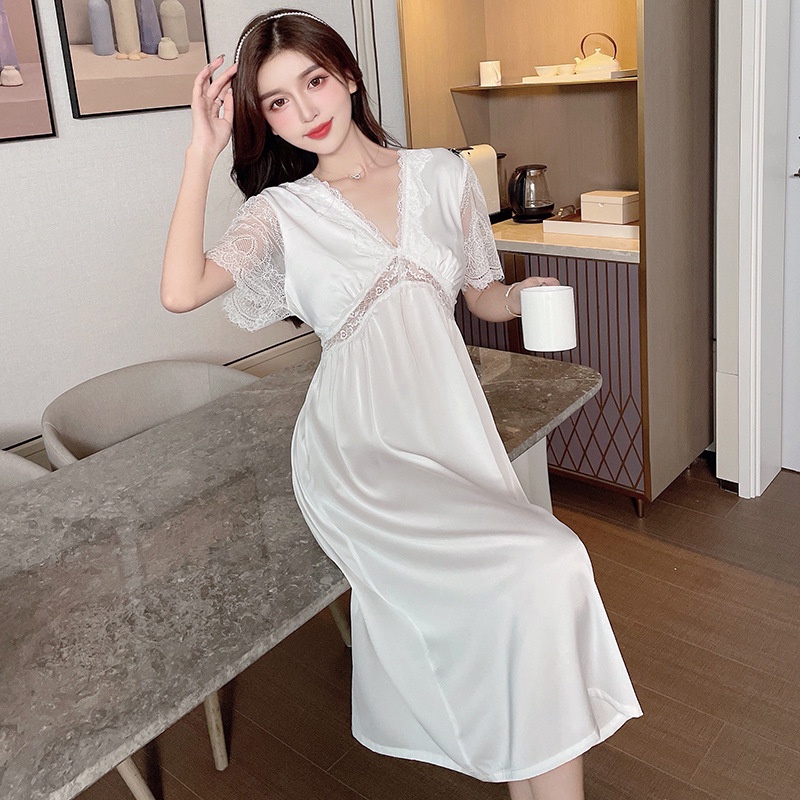 Đầm Ngủ Công Chúa Tay Ngắn Có Mút Đệm Ngực Chất Liệu Lụa Mỏng Phong Cách Hàn Quốc Quyến Rũ Cho Nữ