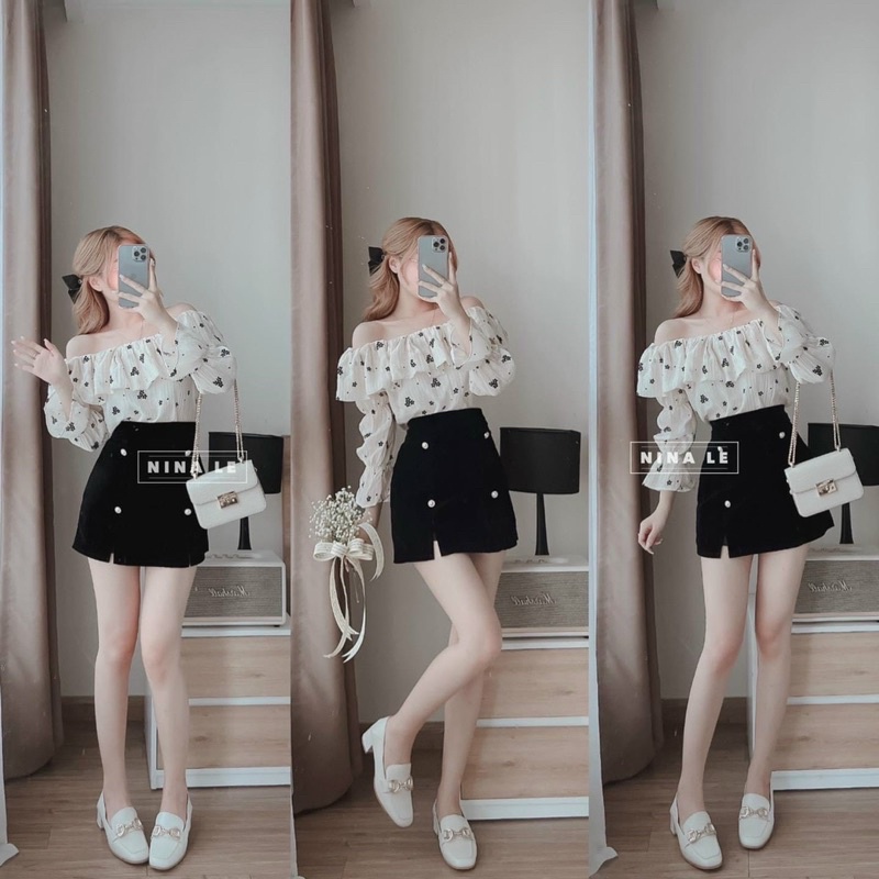 ANU839 - ÁO SƠ MI NỮ ĐŨI HOA ĐEN TRỄ VAI