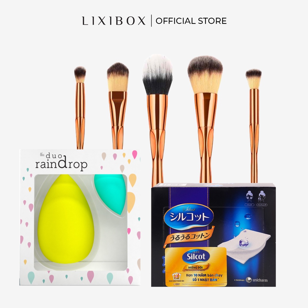 [HB Gift] Combo Bông Tẩy Trang Silcot Miếng Đôi, Bộ Cọ Trang Điểm Lixibox Makeup Brush 05pcs Set, Bông Mút Trang Điểm.