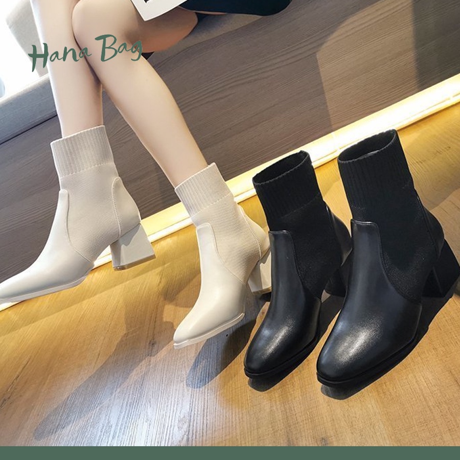 Giày bốt da mũi nhọn Loại 1, gót vuông cổ ngắn cao 5cm có chun trên cổ chân | BigBuy360 - bigbuy360.vn