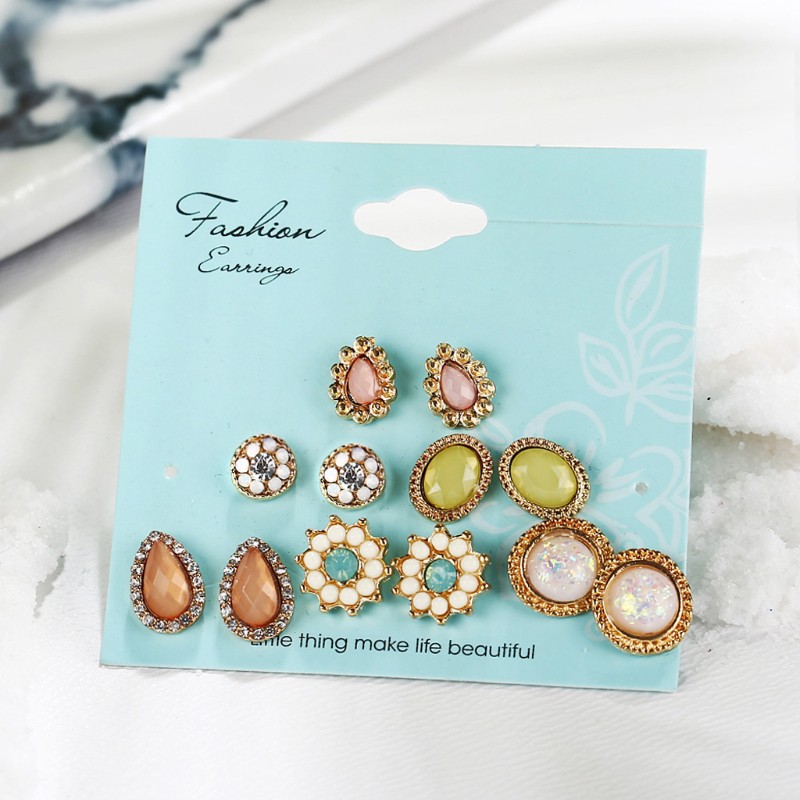 Set 6 bông tai kim loại đính đá phong cách Bô-hem dành cho nữ