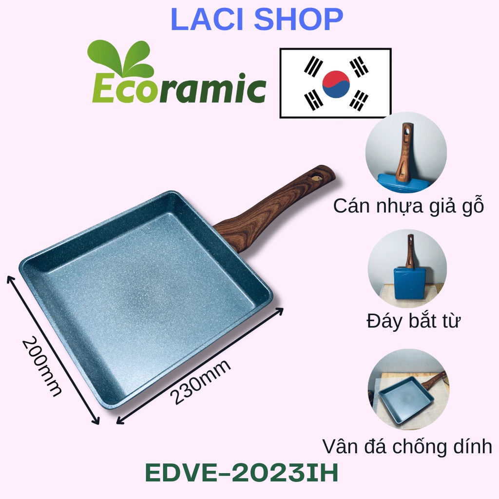 Chảo đá đáy từ vuông đúc trứng Ecoramic size 20x23 | Sản xuất tại Việt Nam Theo Công Nghệ Hàn Quốc