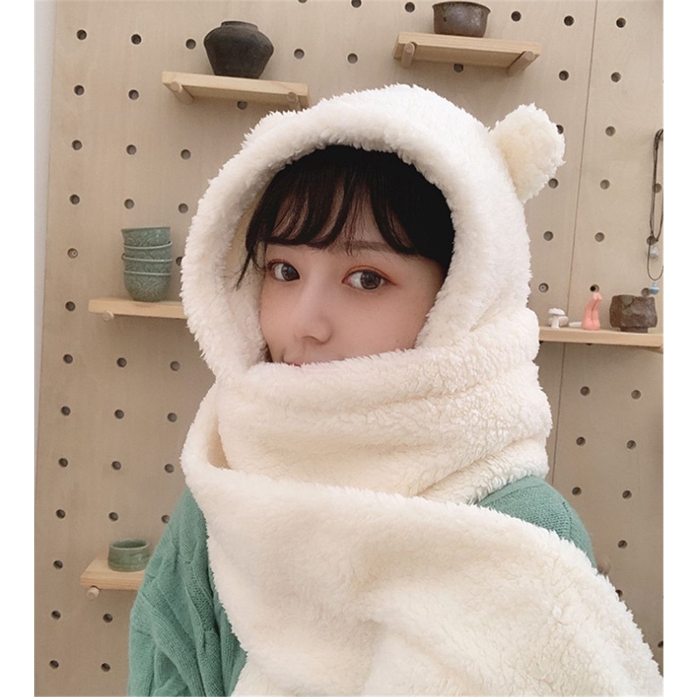 Mũ trùm đầu tích hợp khăn choàng hình gấu bông xinh xắn nhiều màu sắc thời trang mùa đông cho nữ